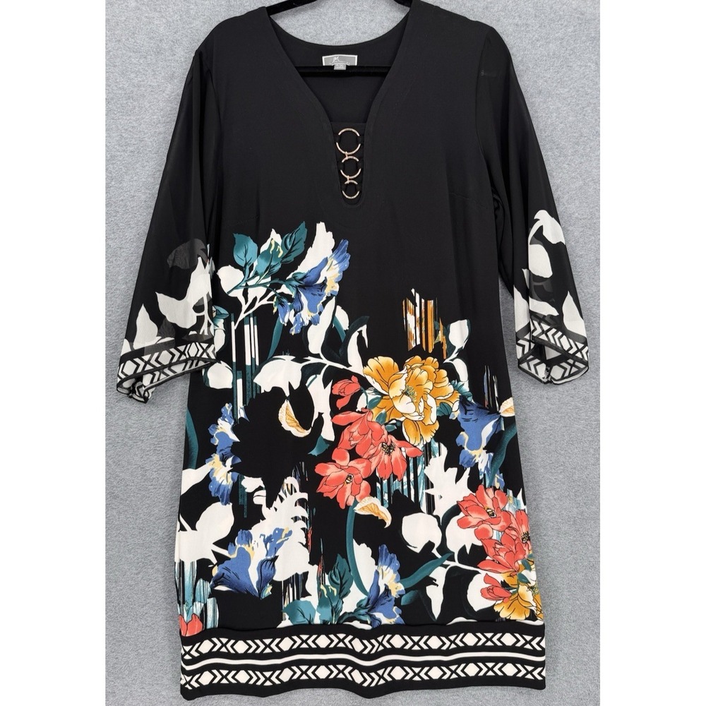 Womens Black Floral Shift Dress Tunic 3/4 Sleeve Ring Neck Border Hem
